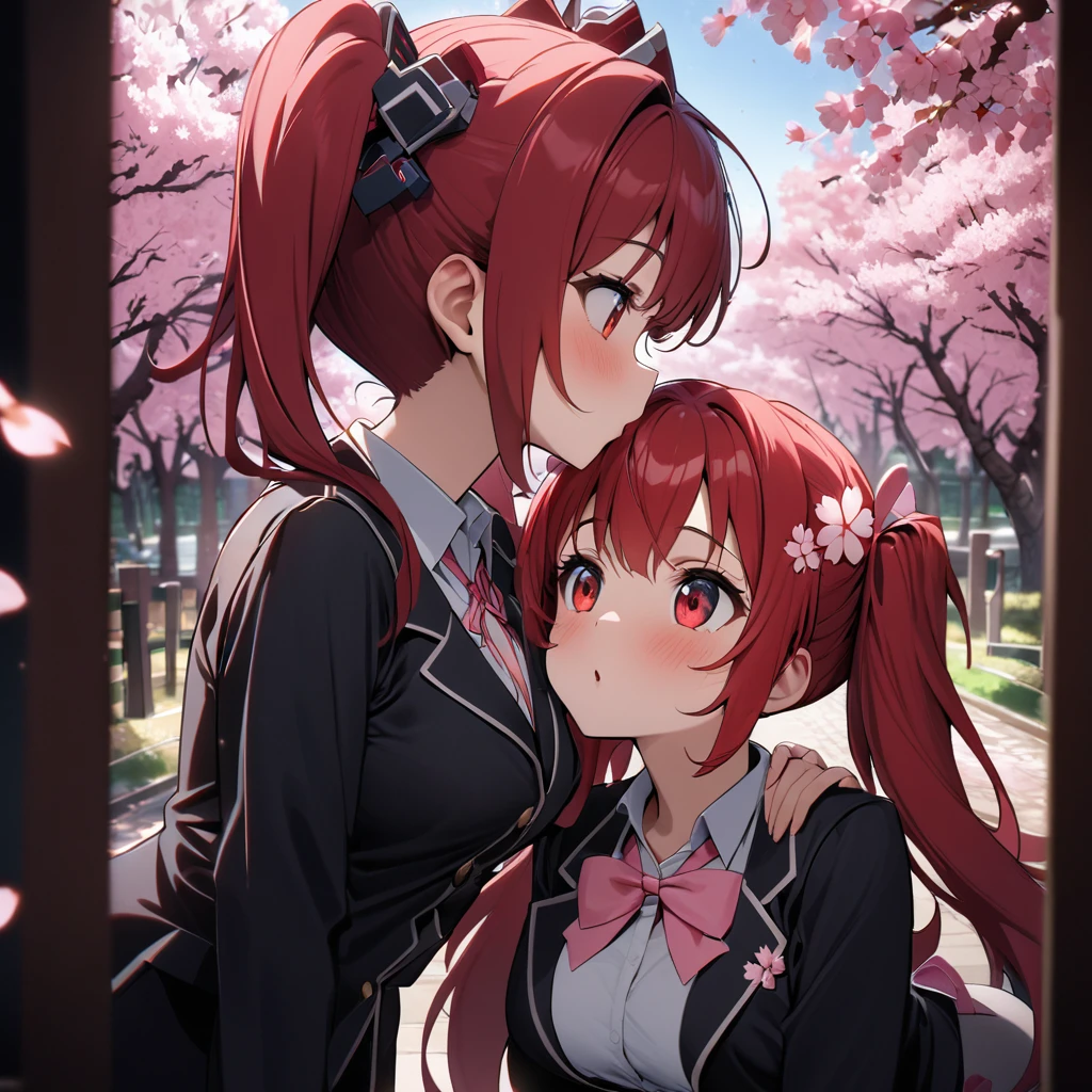 High quality, high definition, hig
h precision images,8k 2Girl Robot Girl、red hair,Twin tails,Red eyes,Leaning forward Head decoration、School stuff,,The cherry blossoms bloom,White shirt, black jacket, pink ribbon on the chest,Robot style barrette,Under the cherry blossom trees,The two of us are kissing,