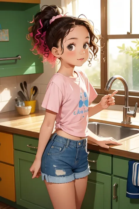 Hilarious, Honor student, 10 years old，Curly Hair, ponytail, Vibrant, inquisitive eyes，Short T-shirt，Denim shorts，sneakers，Help ...