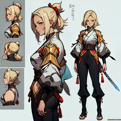 Close-up of a blonde girl in a samurai costume, ((character concept art)), ((character design sheet, same character, front, side...