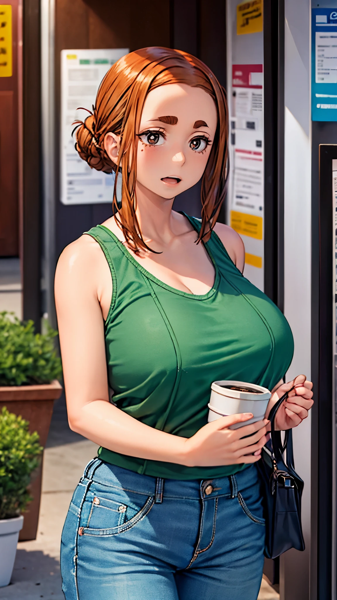 Anime girl with red hair and green top holding a cup of coffee - SeaArt AI