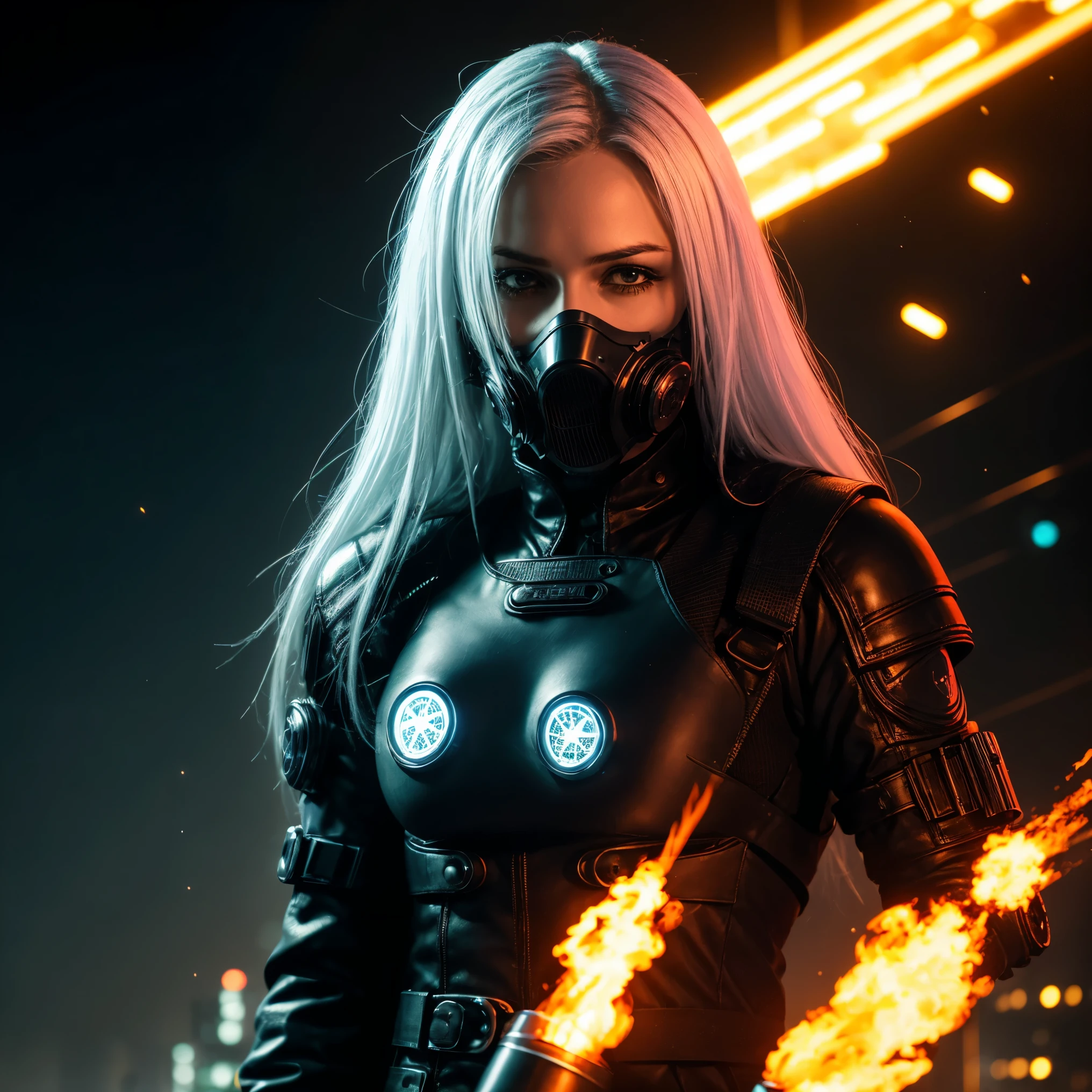 ((Realistisch, best quality, Meisterwerk: 1.3)),  cyberpunk woman with cyberpunk mask, cyber suit, close up face, white hair, gasmask, dark atmosphere, cyberpunk city background, movie poster, cd cover, cinematic view, inferno, fire, sparks, smoke, upper body, dark, apokalypse, hell, explosions, album cover look, neon lights light effects, 