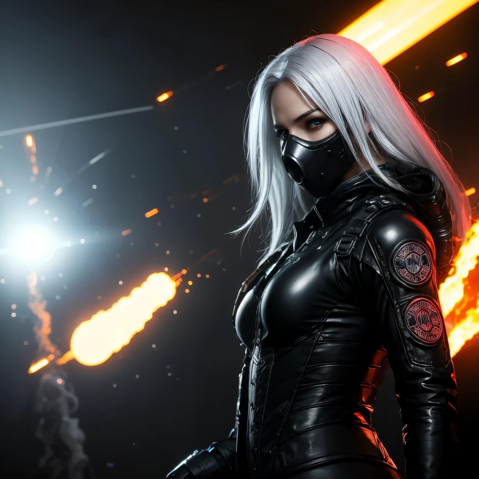 ((Realistisch, best quality, Meisterwerk: 1.3)),  cyberpunk woman with cyberpunk mask, cyber suit, close up face, white hair, gasmask, dark atmosphere, cyberpunk city background, movie poster, cd cover, cinematic view, inferno, fire, sparks, smoke, upper body, dark, apokalypse, hell, explosions, album cover look, neon lights light effects, 