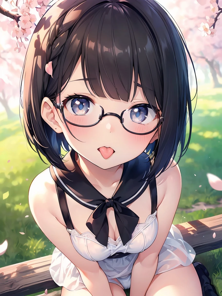 Very detailed, highest quality, High resolution, Moe Anime, ((A cute girl with black hair and droopy eyes is wearing round glasses.)), (Baby Face), Cute eyes, Detailed eye depiction, Sparkle in the eyes, View your viewers, Pale skin, (Big eyes:1.4), smile, Focus on the face, In the park with cherry blossoms falling, Sitting, (Extreme close up of tongue), (((From above))), Open your mouth, (((Face only:1.3))), ((White Lingerie)), Bright Eyes, Light from the front, (Put your hands between your legs:1.4), (short cut hairstyle:1.4)