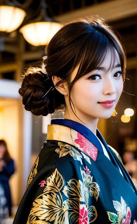 ((The streets of Kyoto as night falls during the Edo period,A beautiful young geisha walking through a town lit by lanterns on a...