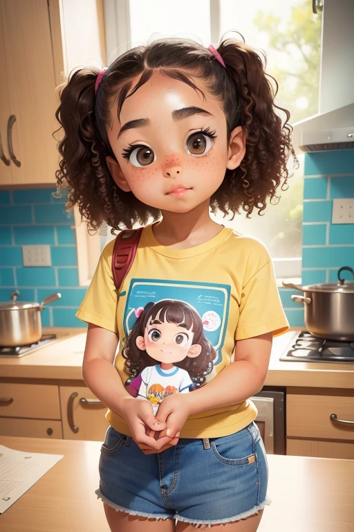 masterpiece，highest quality，Cute doodles，Hilarious, Honor student, 10 years old，low length，Curly Hair, Twin tail hair，Vibrant, inquisitive eyes，freckles，Thick eyebrows，Short T-shirt，Short denim mini skirt，Open Fly，sneakers，Help in the kitchen，Dining with parents