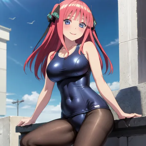 best quality, ultra-detailed masterpiece, anime art style, cute characters, nino nakano, large breasts, blush, smile, one-piece swimsuit, pantyhose