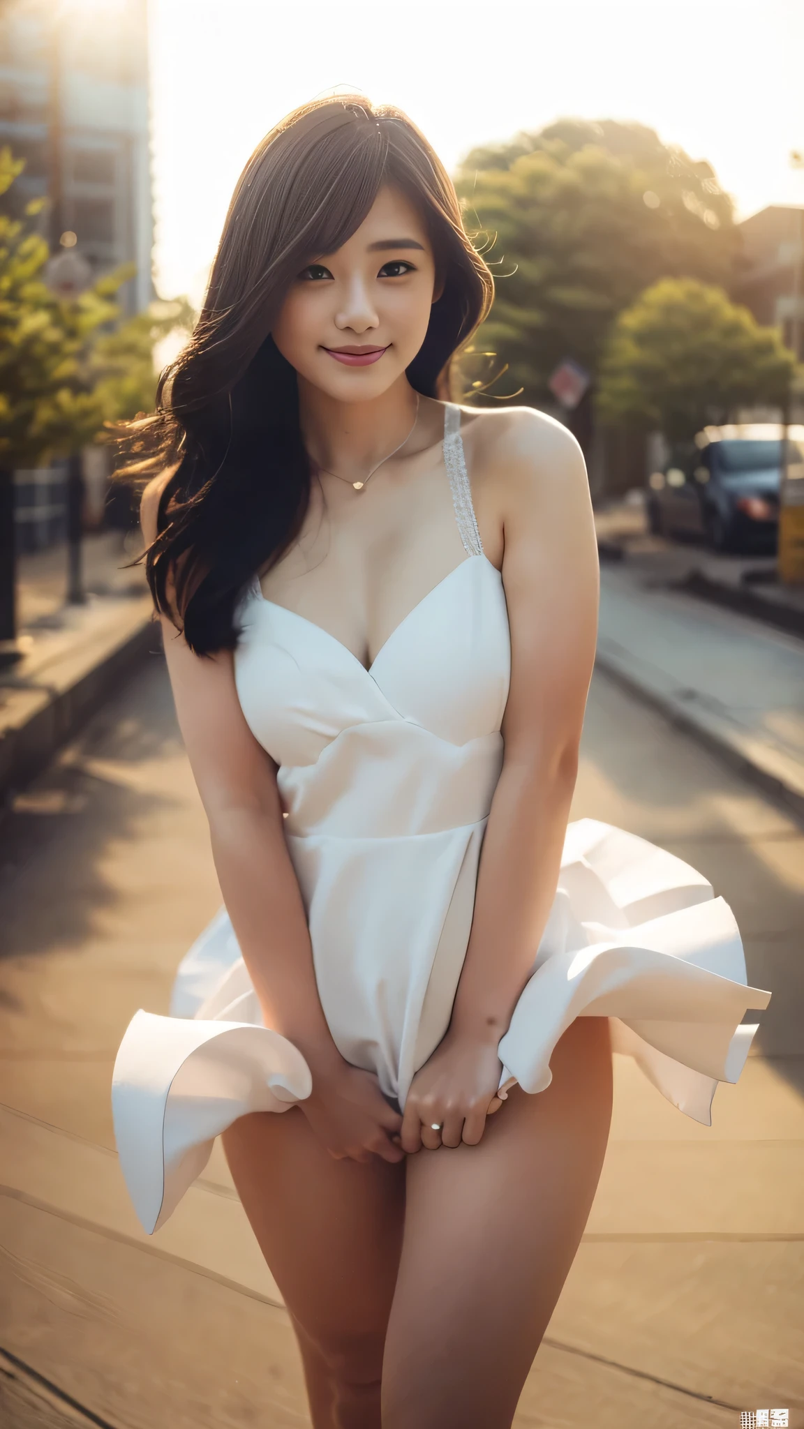 (highest quality, 8k, 32k, masterpiece, Ultra-high resolution:1.2),Beautiful Japanese Women Photos,(Sad Smile,blush:1.1),View your viewers,(Beautifully detailed dress skirt:1.2),Leg details,(Spread your legs:0.9),(Lace panties:0.9),(Wind lift:1.6), whole body,the wind is strong,city,Outdoor