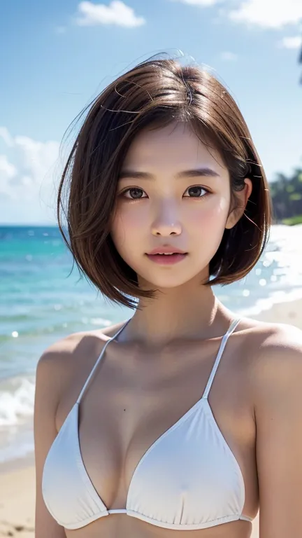 (((A loose, fluffy hairstyle with shoulder-length brown mini bob)))、(((Hawaiian beach background)))、(((Posing like a model at a ...