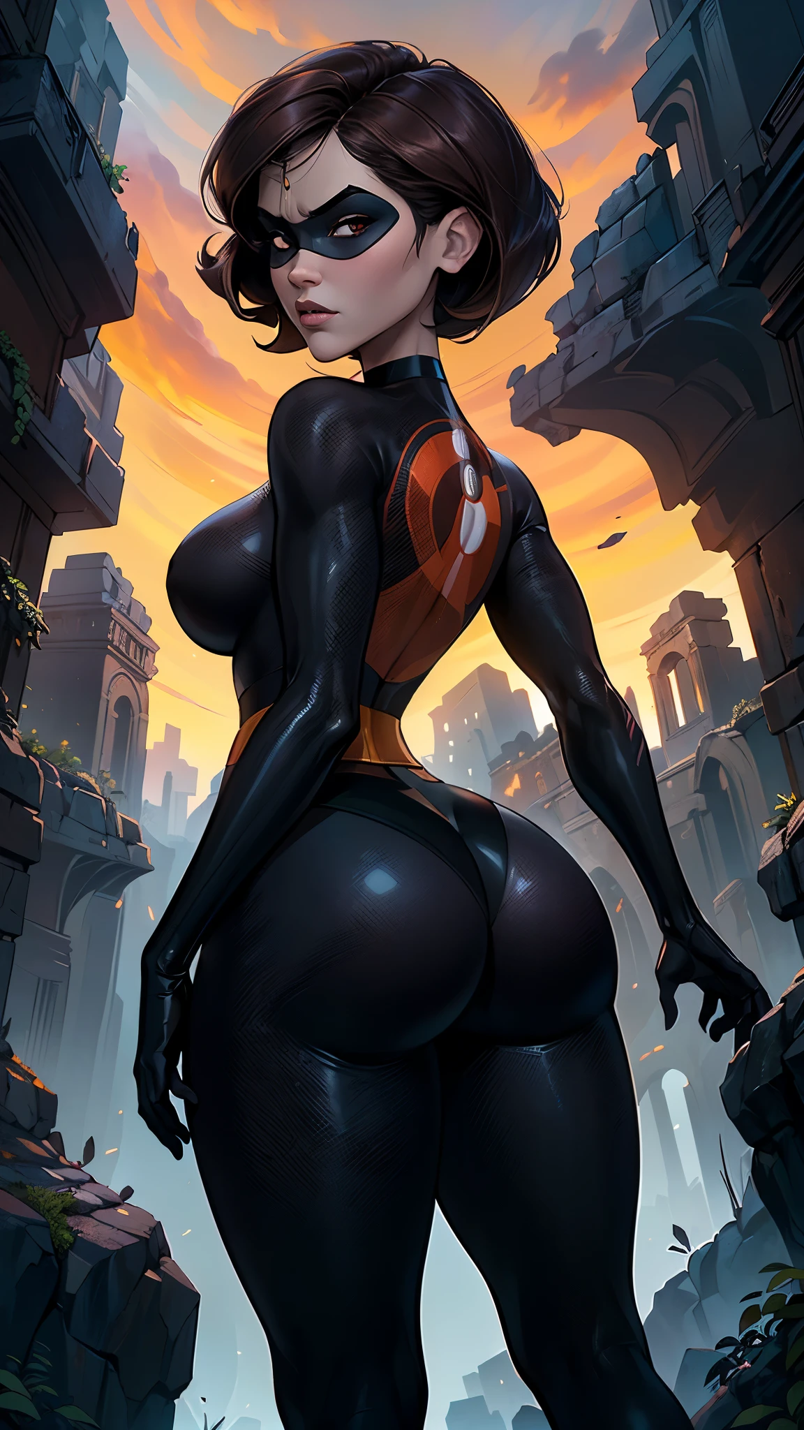 (The best quality,A high resolution,Ultra - detailed,actual),Helen Parr with a red and black BodySuit ,(domino mask), short brown hair, ,(Ruined dungeon ruins background:1.4 ), (Face details: 1.5, bright blue eyes, beautiful face, pretty eyes, Iris lining, labios Delgados: 1.5, Delgado, pale and sharp eyebrows, long, dark eyelashes, double tabs),(Helen Parr :1.4),( Helen Parr V2.1), (dynamic pose), (The Incredibles), (not mutations), (cavern background big stones:1.4),(Ruined dungeon ruins background:1.4 ),( bright colors), (Masterpiece: 1.4), (8k, realist, raw photo, The best quality: 1.4),(rear view, backside view),(showing her beautiful butt) 