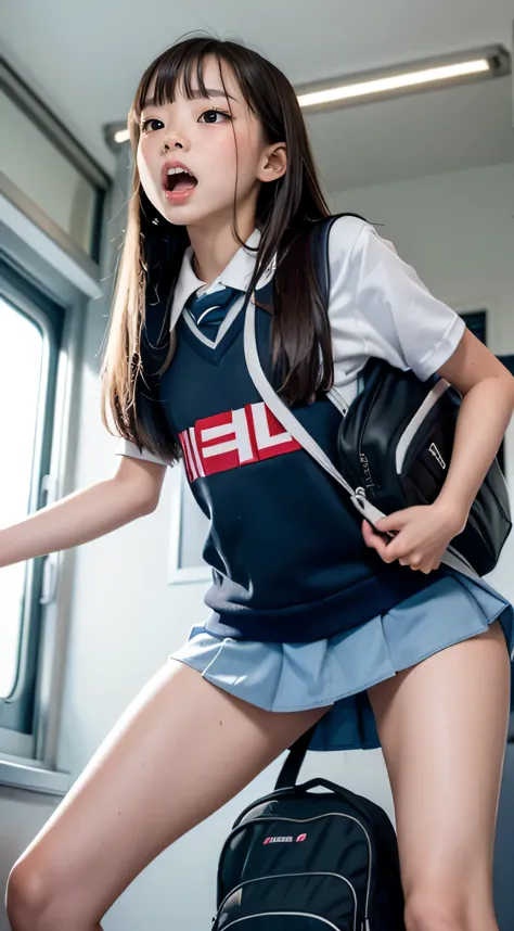 10-year-old girl，Thin and thin，long hair details，It's a school bag，，ultraclear，Top image quality，elementary student，cleanness，Sweat Wet，Standing in schoolbus，legs long，nsfw, legs apart, mouth open, tongue out, surprised look, showing vagina 