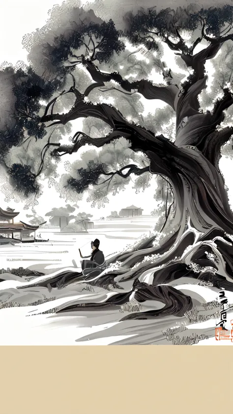 There is a painting，There is a tree in the painting，There was a man sitting under the tree, Chinese writing brush pen illustrati...