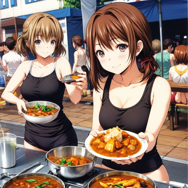 A brown-haired woman in a tank top and hot pants eating massaman curry at a food stall　Tight clothing