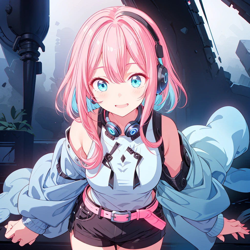 highest quality、highest quality、8K、Ultra-high resolution、highest quality、Super detailed、Perfect Face、Very detailed、Very delicate、1 girl、((solo))、(scared)、Gorgios、Soft Hair、Shoulder-length hair、Medium Hair((Light blue on the left、The right is pink))、((Light blue eyes))、Black long-sleeved shirt、Black shorts、belt、smile、Mouth closed、Expressive eyes、Colorful eyes、contrast、Shadow、Digital Art、Shining Eyes、damage、Detailed face、Detailed eyes、Detailed Background、Dark Background、White and black base、Black liquid、Neon headphones、