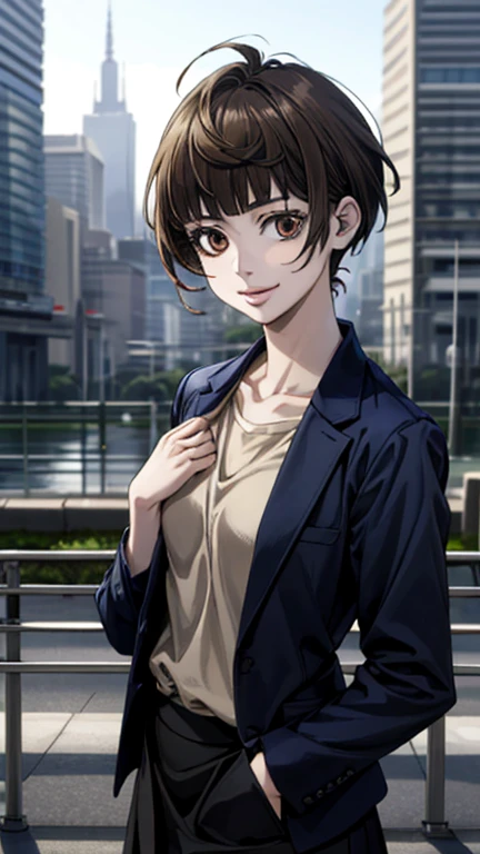 (masterpiece:1.2, top-quality), (realistic, photorealistic:1.4), beautiful illustration, (natural side lighting, movie lighting), 
looking at viewer, 1 girl, tsunemori akane, public security bureau criminal class 1, female surveillancer japanese, 
perfect face, perfect anatomy, cute and symmetrical face, shiny skin, 
(short hair, bob cut, brown hair), dark brown eyes, long eye lasher, (middle breasts), slender, 
beautiful hair, beautiful face, beautiful detailed eyes, beautiful clavicle, beautiful body, beautiful chest, beautiful thigh, beautiful legs, beautiful fingers, 
(navy tight skirt, navy jacket, shirt, police handgun holder on waist), 
(beautiful scenery), depth of field, morning, (city) standing, (smile), 