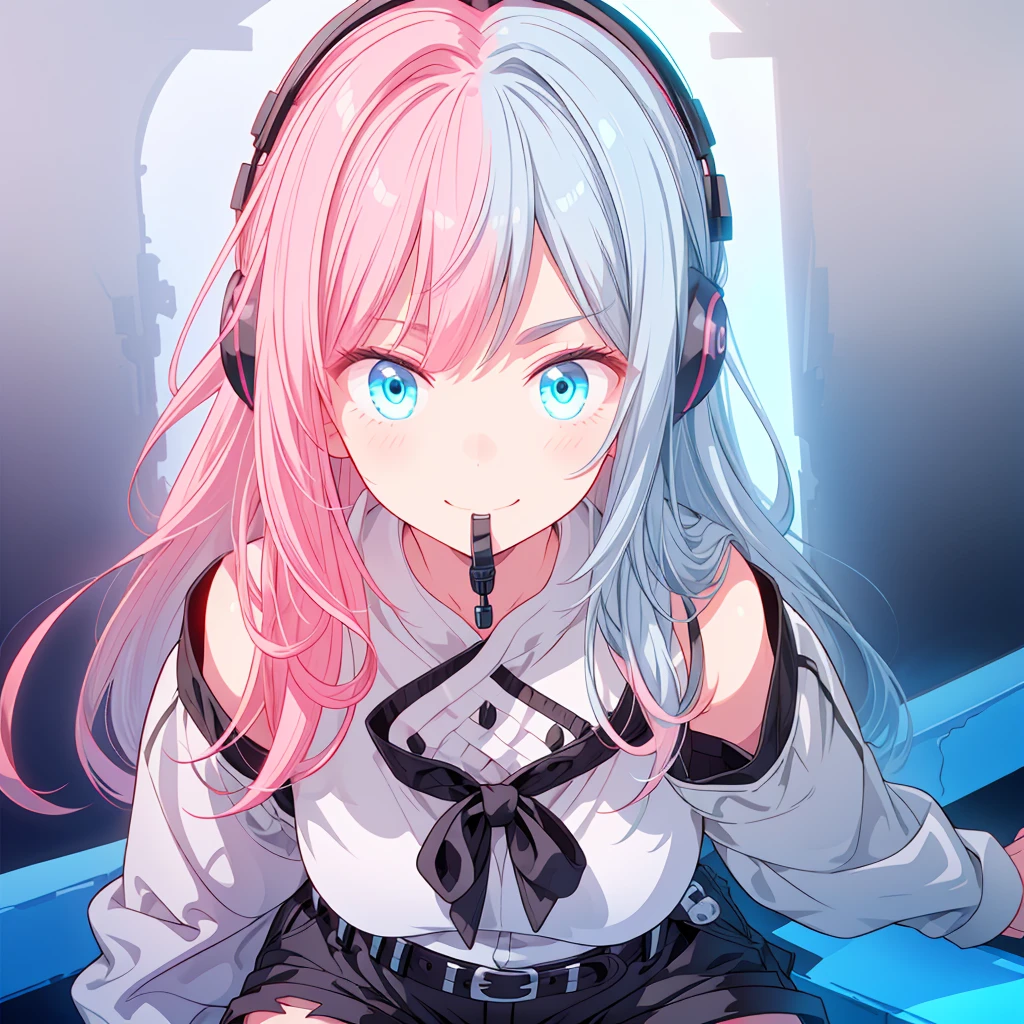 highest quality、highest quality、8K、Ultra-high resolution、highest quality、Super detailed、Perfect Face、Very detailed、Very delicate、1 girl、((solo))、(scared)、Gorgios、Bangs above the eyebrows、Soft Hair、Shoulder-length hair、Medium Hair((Light blue on the left、The right is pink))、((Light blue eyes))、Black long-sleeved shirt、Black shorts、belt、smile、Mouth closed、Expressive eyes、Colorful eyes、contrast、Shadow、Digital Art、Shining Eyes、damage、Detailed face、Detailed eyes、Detailed Background、Dark Background、White and black base、Black liquid、Neon headphones、