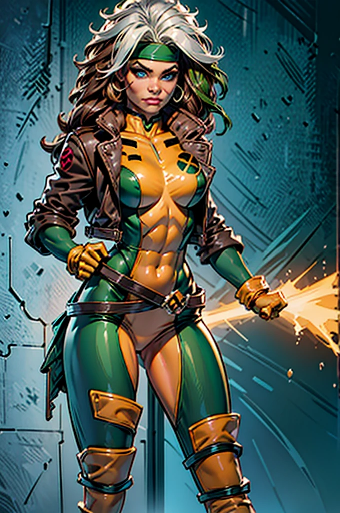 Savage, Classic, Southern Belle, Superhero, Rogue, Xtreme, breasts, blue eyes, medium breasts, jacket, open clothes, belt, open jacket, covered navel, headband, cropped legs, leather, leather jacket, green bodysuit, EarthPorcelain, 