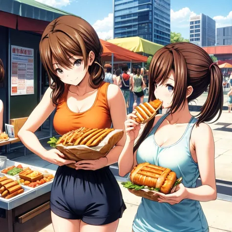 A brown-haired woman in a tank top and hot pants eating banh mi at a food stall　Tight clothing