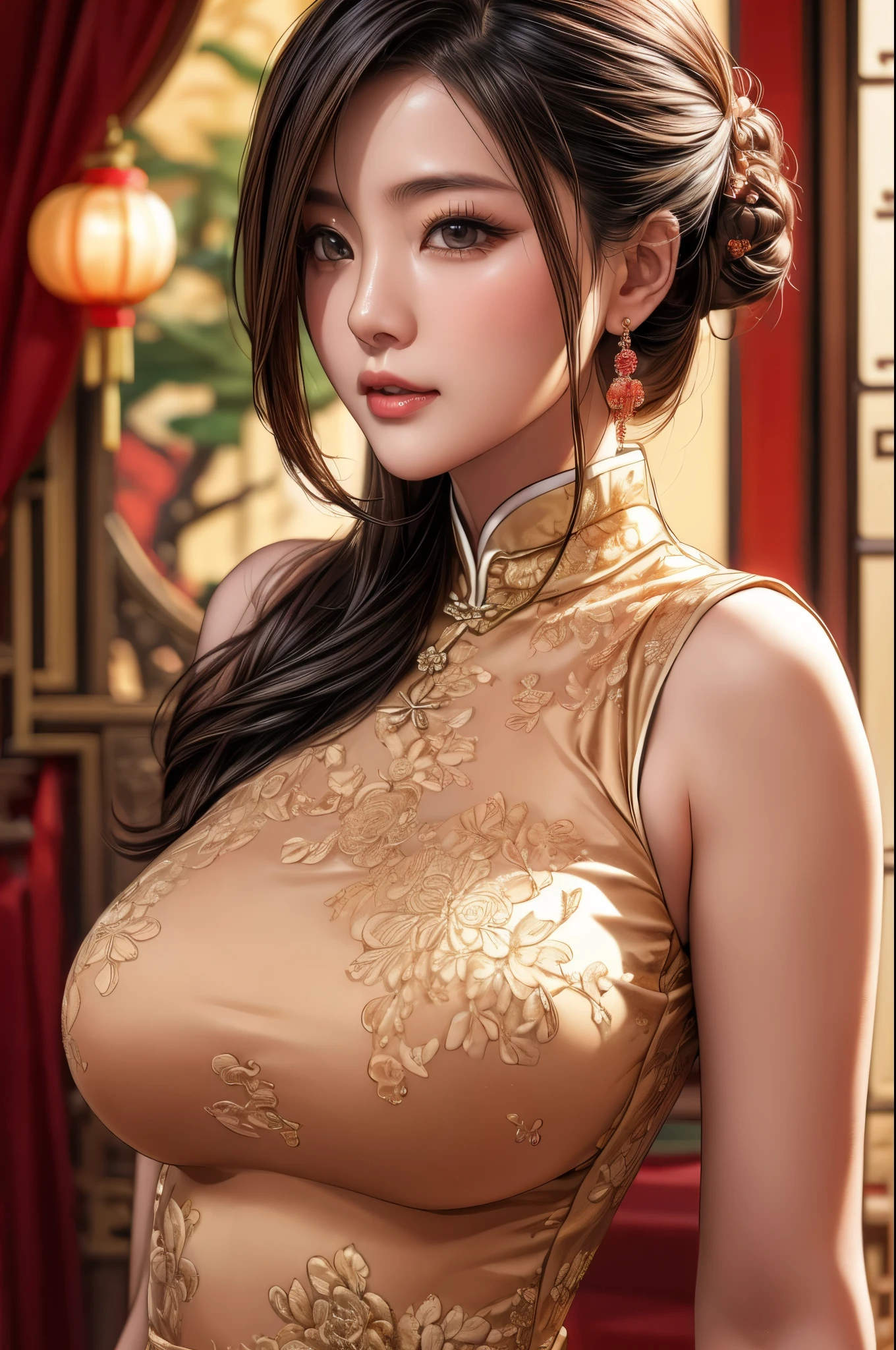 a Chinese woman wearing china dress, highly detailed decorations, (((masterpiece))), ((best quality)), ((intricate detailed)), ((Hyper realistic)), absurd res, milf, mature woman, perspective, highly detailed, illustration,, (large breasts), perfect hands, detailed fingers, beautiful detailed eyes, updo hair, brown eyes,(Chinese dress:1.2), earrings, detailed background, perfect eyes, seductive eyes, (looking at the viewer:1.2), ,