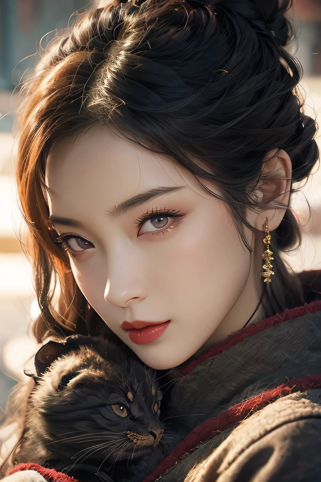 Beautiful woman with red eyes posing for elegant photo with black giant dragon, arpino,Gray Hair,Face to face, Ultra-realistic, Clear images