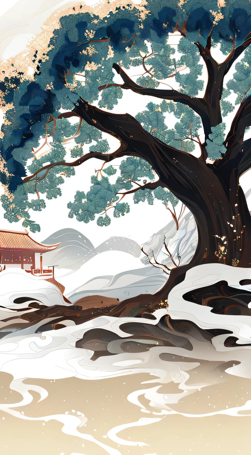 there is a tree that is standing in the snow，There is a house next door, A beautiful artistic illustration, 4k hd wallpaper illustration, Inspired by Eyvind Earle, background technology, inspired by Sōami, environment design illustration, Detailed scenery —width 672, Stylized digital illustration, Chinese style painting, Inspired by Ito Jakuchu, Japanese-style