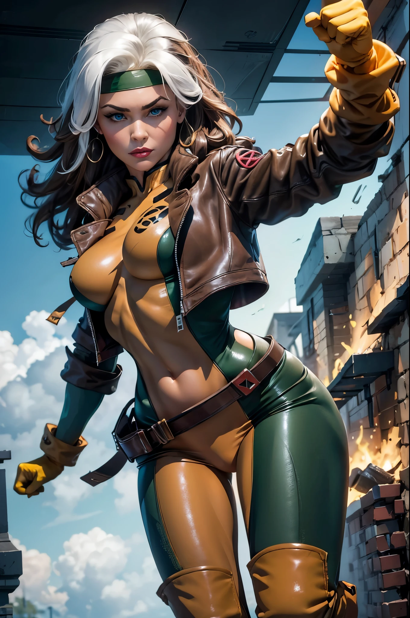 Savage, Classic, Southern Belle, Superhero, Rogue, Xtreme, breasts, blue eyes, medium breasts, jacket, open clothes, belt, open jacket, covered navel, headband, cropped legs, leather, leather jacket, green bodysuit, EarthPorcelain, 