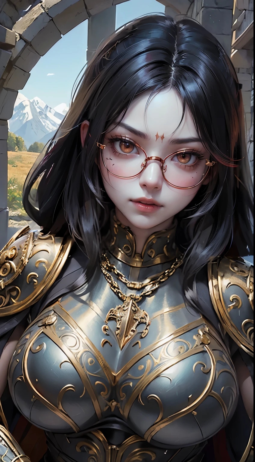 (masterpiece, highest quality, highest quality, Official Art, beautifully、beautiful:1.2), (One Girl:1.3), Light freckles, Fair skin, Very detailed, Portraiture, View your viewers, alone, (whole body:0.6), detailed background, close, (Warm Meadow theme:1.1), Paladin, Charlatan, Grin, Mysterious, Swaying in the mountains, modest clothing, ((((Ornate black and gold metal plate armor)))), Cowl, nun food, Wimple, armor, Cowl, Robe, Chain mail, Chain mail, leggings, Chain mail leggings, Chain mail leggings, (armor breastplate), Tabard, throat, food, Scapula, Shingard, armor, Knee-high boots, Long sword, shield, Cape, Cape, pearlescent metal, Black cloth, Light Leather, ((((Huge breasts)))), Tight waist, Slim Hips, Long legs, Medieval (The appearance of the mountain:1.1) background, dark Mysterious lighting, Shadow, Magical atmosphere, Dutch Angle,