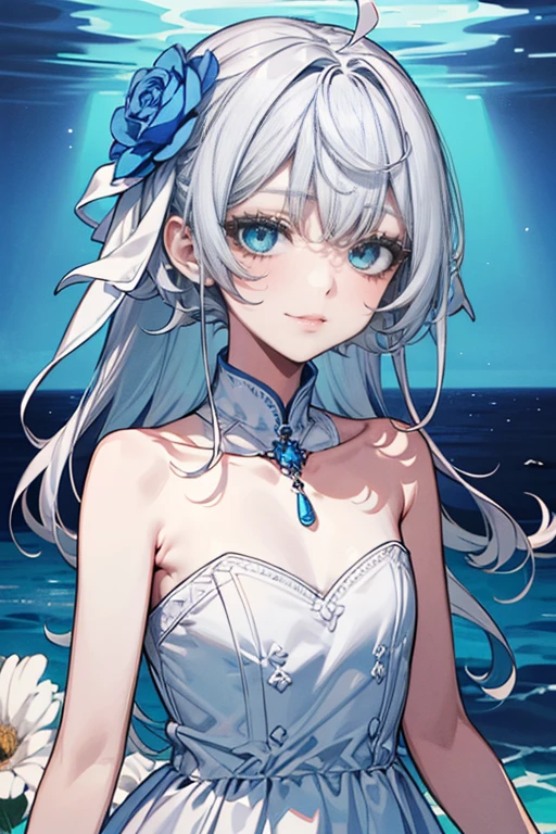 Perspectives, cute smiling, Whole body diagram, white dresid, Separate collar，bshoulder, face flushed，(Comb gray hair)， whitegloves ，Two-tone strapless sleeveless white dress，There  a white flower on the head，flowers bloom in the sea，、((change，blue colored eyes)(Comb gray hair)，white color hair