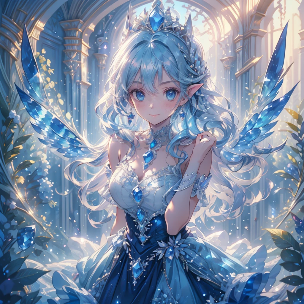 (masterpiece, very detailed, exquisite, beautiful, Full HD, High resolution, confused), soft edge, soft lines, woman, charming princess, goblin, Happy, fun, smile, looking at the viewer, wavy hair, medium hair, Big eyes, white skin, beautiful breasts, slim, sapphire crown, sapphire earrings, sapphire choker, with wings, white background, Objects with a sapphire motif,from before, dynamic angle, dazzling light, dramatic lighting, warm lighting, soft lighting, written boundary depth, fantasy, beautiful, dreamy atmosphere, (white and light blue ball gown dress:1.1, pure white lace and frills,sapphire motif dress), light blue hair, purple eyes