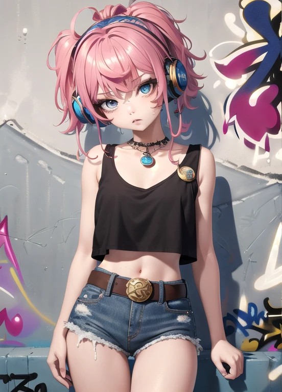 Masterpiece, Best quality, 1girl, Single, Crop top, Denim shorts, necklace, (Graffiti:1.5), paint splashes, Arms behind the back, Against the walls, Looking at the viewer, badge, Thigh belt, Paint on the body, Head tilt, Monotonous, Multicolored hair, Watery eyes, Headset,