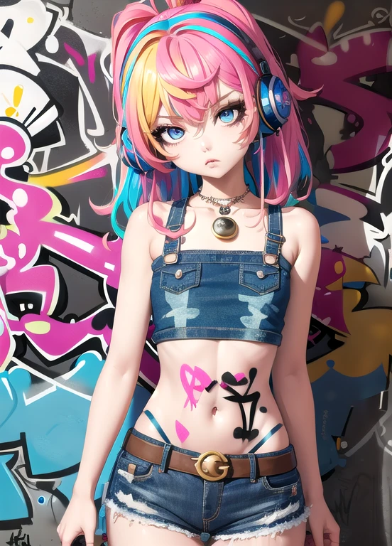 Masterpiece, Best quality, 1girl, Single, Crop top, Denim shorts, necklace, (Graffiti:1.5), paint splashes, Arms behind the back, Against the walls, Looking at the viewer, badge, Thigh belt, Paint on the body, Head tilt, Monotonous, Multicolored hair, Watery eyes, Headset,