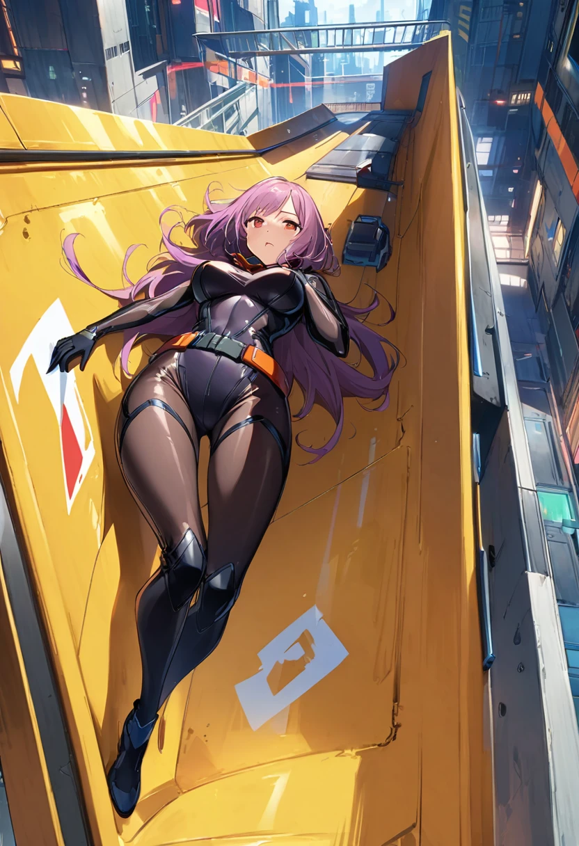 Thin full body suit、25-year-old female、Straight Bob Cut、Large Breasts、Small waist、Long, slender legs、A scene from a launch sequence in a sci-fi anime、Female pilot sliding down from a shooter、Hair flows wildly backwards、Brave face、Lie on your back and slide straight down