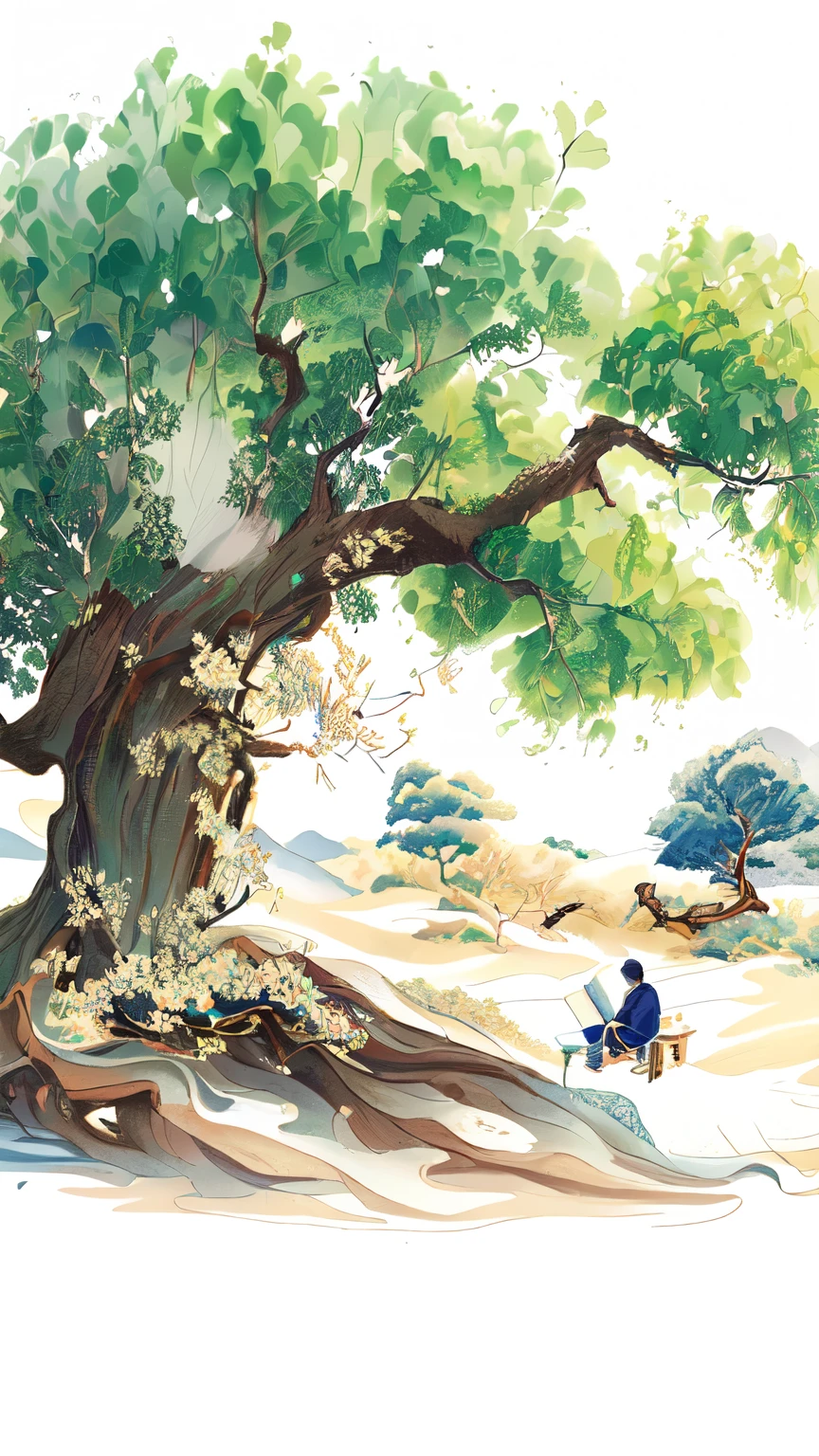painting of a man يجلس تحت شجرة with a book, الفنان الكوري, القراءة تحت الشجرة,بواسطة بو هوا, التوضيح الفني الجميل,  الفنانين الصينيين, الأشجار القديمة, يجلس تحت شجرة, أسلوب المد الوطني الصيني
