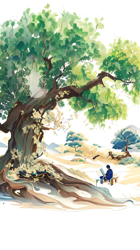 painting of a man Sitting under a tree with a book, Korean Artist, Reading under the tree,by Pu Hua, A beautiful artistic illust...