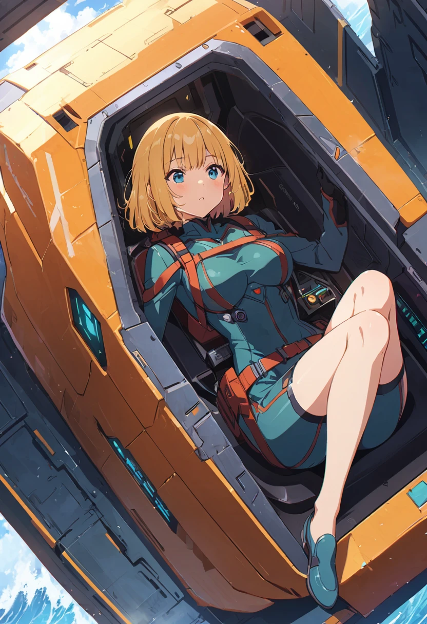 Thin full body suit、25-year-old female、Straight Bob Cut、Large Breasts、Small waist、Long, slender legs、A scene from a launch sequence in a sci-fi anime、Female pilot sliding out of cockpit from shooter、Hair flows wildly backwards、Brave face、Lie on your back and slide straight down