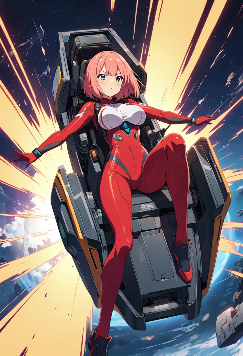 Thin full body suit、25-year-old female、Straight Bob Cut、Large Breasts、Small waist、Long, slender legs、A scene from a launch sequence in a sci-fi anime、Female pilot sliding out of cockpit from shooter、Hair flows wildly backwards、Brave face、Lie on your back and slide straight down