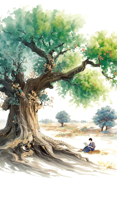 painting of a man sitting under a tree with a book, korean artist, reading under the tree, inspired by han yonghao, by pu hua, a...