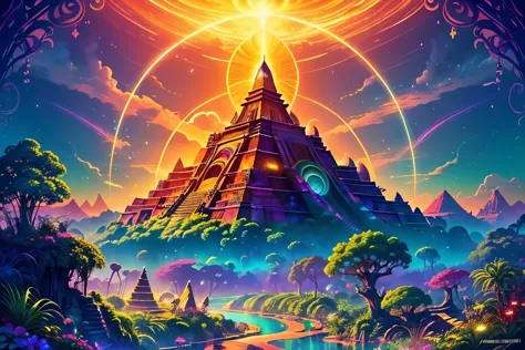 Create a vibrant、Otherworldly paintings，Immerse your audience in an Aztec-inspired world. Imagine dense, The Jungle Book，Full of...
