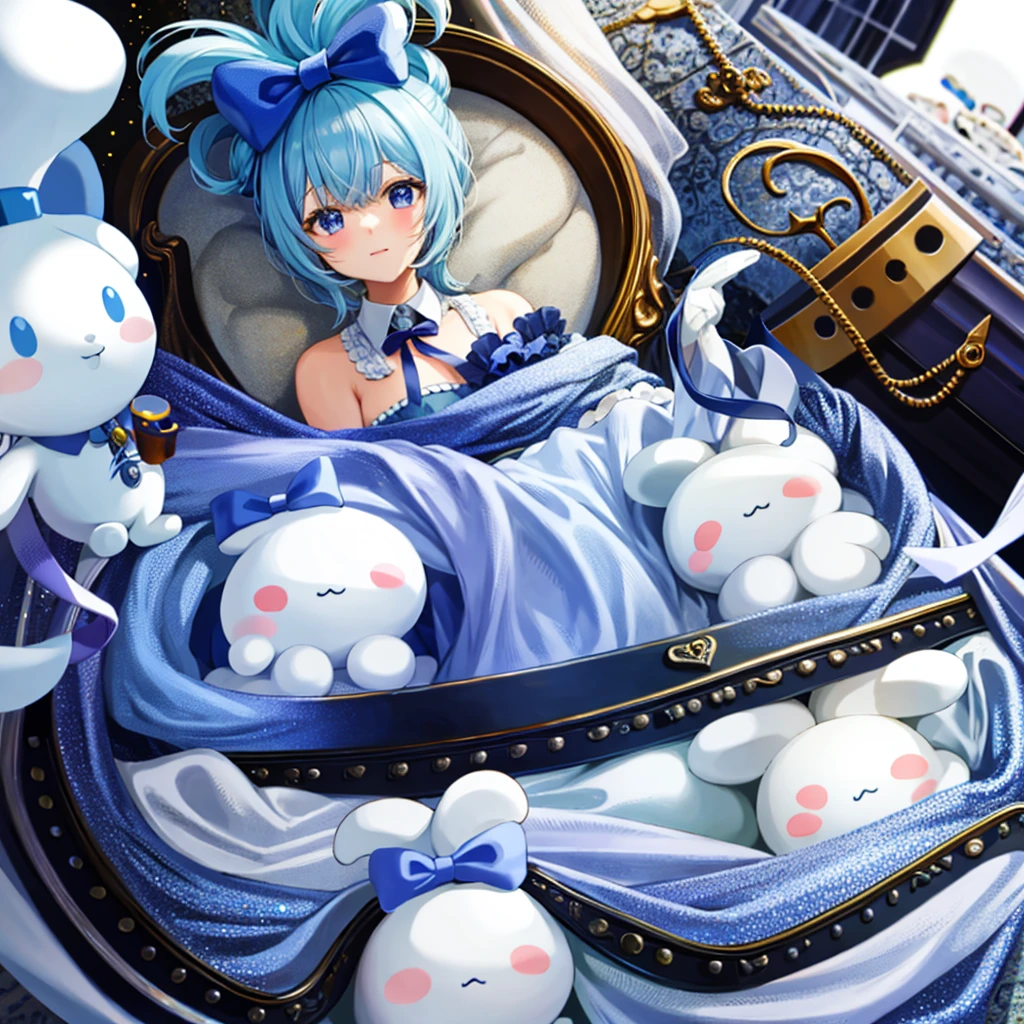 1girll, Solo, Cinnamiku, Blue hair, Blue eyes, Hair rings, Hair Bow, (Blue bow), (cinnamoroll, tied ears, sanrio, 1other, organism:1.2), Black sleeves, Bare shoulders, a blue tie, Wide sleeves, Collared shirt, Detached sleeves, tiese, a blue tie, frilled collar, frilly shirt, Fancy, kawaii, Cowboy shot, microphones,