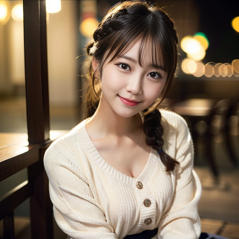 Japanese girl in casual clothes、Looking at the audience、Pose with a smile(highest quality、masterpiece)))、High resolution、Very detailed、masterpiece、Cinema lighting、(8k、highest quality、masterpiece:1.2)、(Realistic、Photorealistic:1.37) High Resolution、Ultra-detailed、One Japanese woman 、Nogizaka, Cute face、Age 35:1.5、 solo,  Textured skin:1.2, Beautiful smile,  Detailed Cafe, night, Cinema lighting、 Sit on、Date、(A shy smile:1.2)、Medium Chest、Beautifully detailed eyes、(sweater:1.1)、night、From the waist up:1.2、Braided Hair