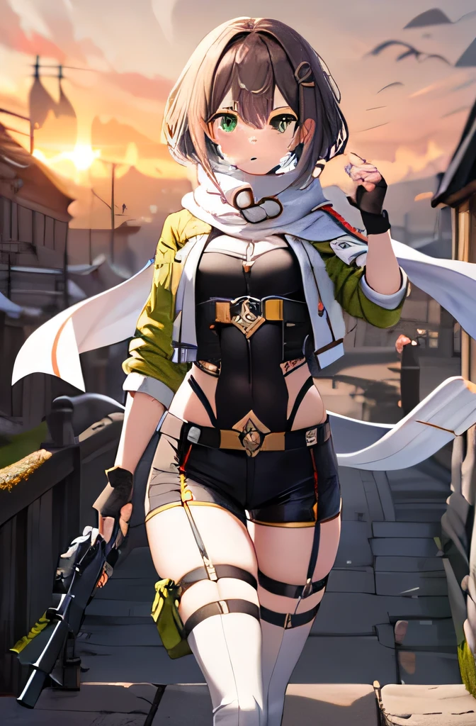 masterpiece, highest quality, High resolution, 1people&#39;s Girl, Chinon 1, scarf, Fingerless gloves, White clothes and green jacket, hair ornaments, Barrette, Thigh straps, (photograph:1.3), He has a gun, sniper rifle, Remains, photograph position, Worried, Curvaceous, Small waist, Chubby, blush with embarrassment, people々Surrounded masterpiece, highest quality, photograph, Performance,running, Hordes of enemies, army, blue sky, Huge Fortress