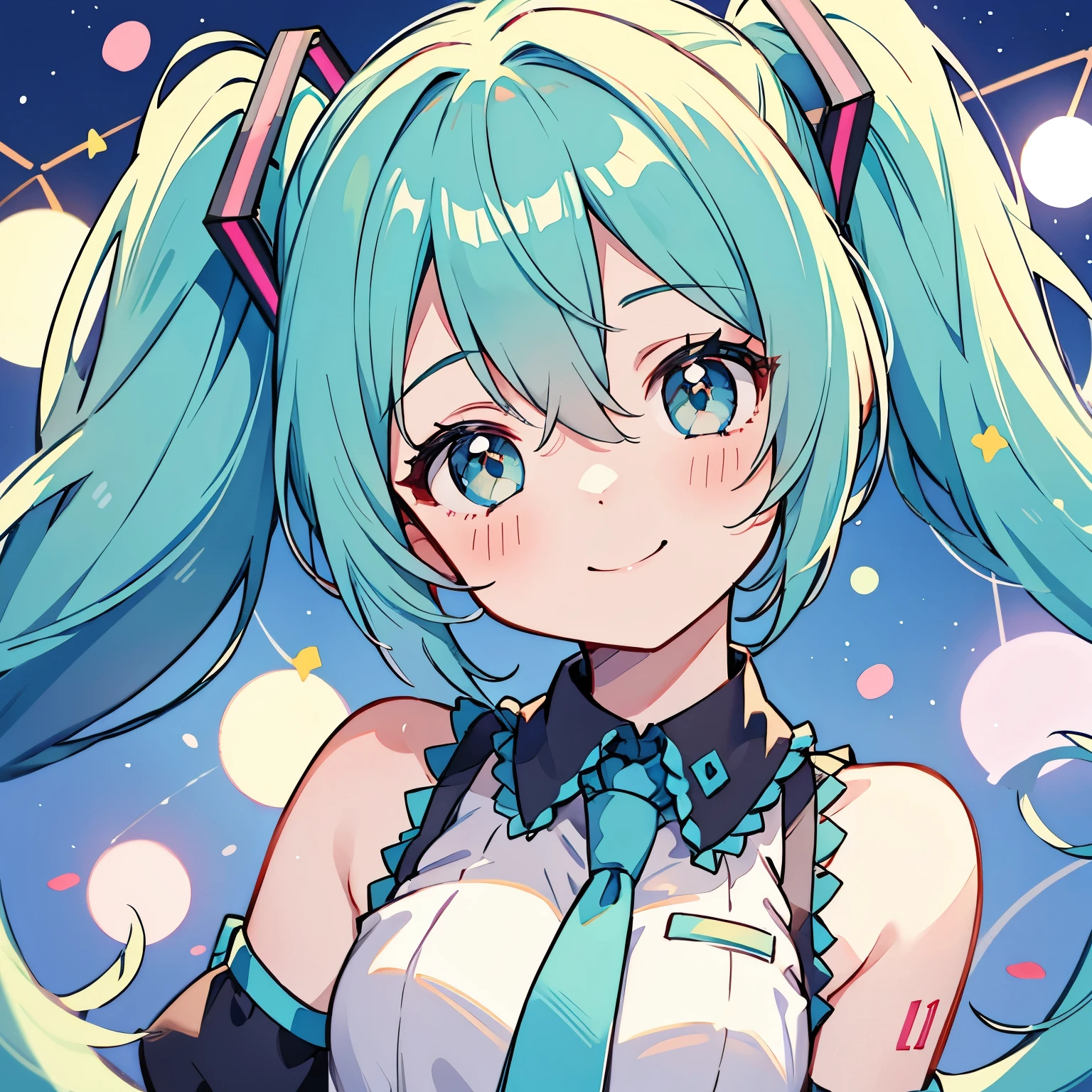 Une fille、Hatsune Miku、Queues jumelles、sourire、Coloré、Adorable、Illuminé par un projecteur、la plus haute qualité、visage parfait