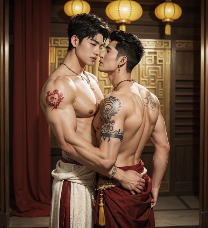 Two  handsome boys kissing, smiling at each other, catching eyes ,hugging, kissing, touching lips, cuddle, romantic,skin ship, Chinese Men God, Mythology, realistic, Chinese odyssy, super Handsome,manly,  kpop idol, handsome korean actor, 20 years old,, detailed face, manly jawline, manly chin, detailed mess curly styling hair,  Topless, Muscles, big chest Athlete body, Full Frame,full body shoots, Sexy, realistic, human skin, tattoo breast, Professional studio Lighting, long red tibetan Outfit, jade and golden pendent all over , detailed jewery in dress, earings,Chinese ancient temple Background,out door, super detailed background,look at camera ,  open mouth,  loincloth Underneathe Underwear, tibet Warrior, Hanfu  red wedding dress,  tibet Male, tibet Nobel, Seduce , bare chest , tattoo chest, tattoo arms, tattoo hands, tattoo back, tattoo legs , detailed tattoos, big juicy butts, bare butts