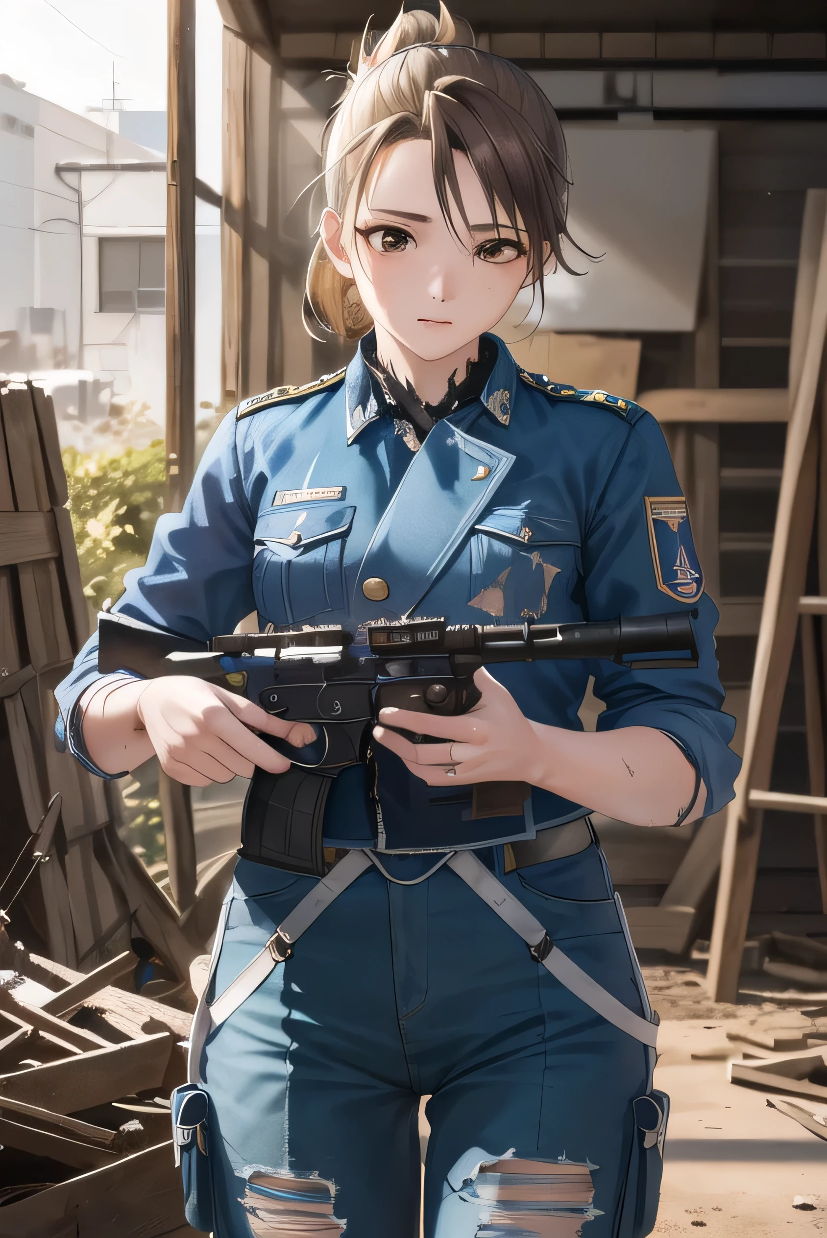 masterpiece, highest quality, High resolution, One girl, Blue jacket, Blue pants,Hamriz, Folded ponytail, ((Brown eyes)), Medium chest,  Cowboy Shot, View your viewers,holding a rifle, Aiming, Gun Action:1.5, masterpiece, Detailed Shadows, Detailed light, Very detailed, ((Dirty and very torn military uniform)), (Torn military uniform:1.5),  ((masterpiece)), (((highest quality))), ((Super detailed)) , break (masterpiece:1.2), highest quality, High resolution, unity 8k wallpaper, (figure:0.8), (Beautiful and detailed brown eyes:1.6), Very detailedな顔, Perfect lighting, Extremely detailed CG, (Perfect hands, Perfect Anatomy),