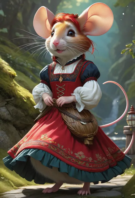 Gorgeous Humanoid Fantasy Creature That Looks Like A Mouse. Red Hair. In A Traditional Norwegian Bunad Dress.Fun, Delight, Encha...