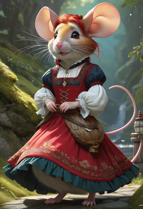 gorgeous humanoid fantasy creature that looks like a mouse. red hair. in a traditional norwegian bunad dress.fun, delight, encha...