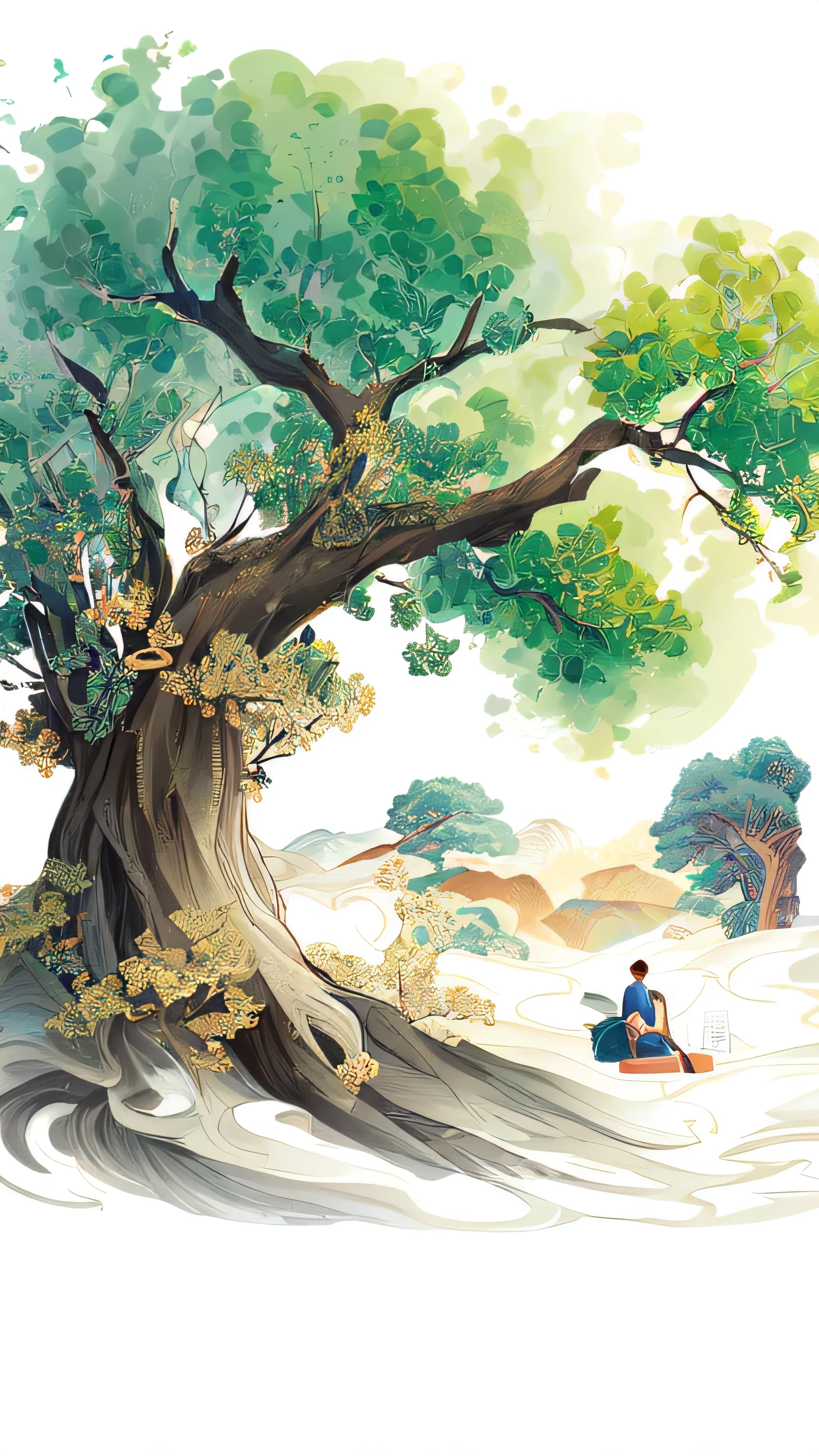 painting of a man Sitting under a tree with a book, Korean Artist, Reading under the tree, Inspired by Han Yonghao, by Pu Hua, A beautiful artistic illustration, author：Bian Xiangbi, Chinese Artists, Ancient Trees, Sitting under a tree, author Kim Hong-do, Chinese watercolor style, through Song Choi,National Tide