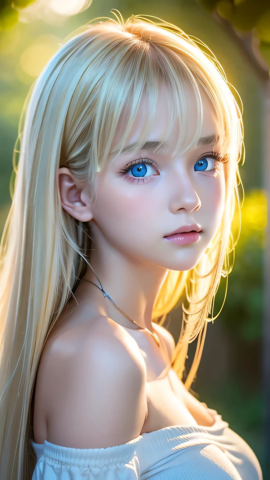 1 Girl, 14 years old, Solo, Super Long Hair, bangs over eyes、Huge , Looking at the Viewer, Very beautiful bright natural platinum blonde hair, Very beautiful, large, shining, light blue eyes、Very big eyes、Small Face Girl、Very white, young, bright, radiant skin、Cheek gloss highlight、Bare shoulders, jewelry, Full Body, (Highly detailed 8K wallpapers), Soft lighting, High quality, Film Grain, Fujifilm XT3 Sharp Focus, F 5.6, High detail,  Sharp Focus,(Natural light), (Close-up:1.2), (Fascinating breasts), Off-the-shoulder T-shirt, Realism, sexy、Small Face Beauty、Round face