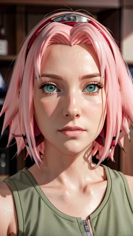 young woman, short shoulder-length pink hair, wide forehead, porcelain skin, pink eyebrows, big emerald green eyes, buttoned nose, full lips, heart-shaped face, slender body, small breasts, red tank top, Sakura Haruno , realistic, realism, details, 3d, well detailed
