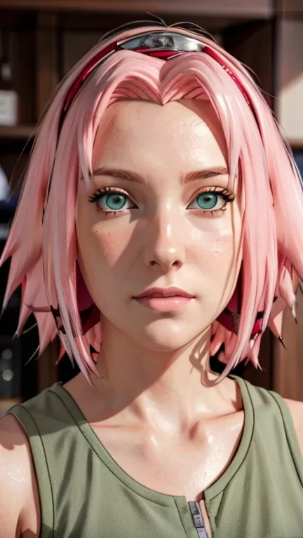 young woman, short shoulder-length pink hair, wide forehead, porcelain skin, pink eyebrows, big emerald green eyes, buttoned nos...