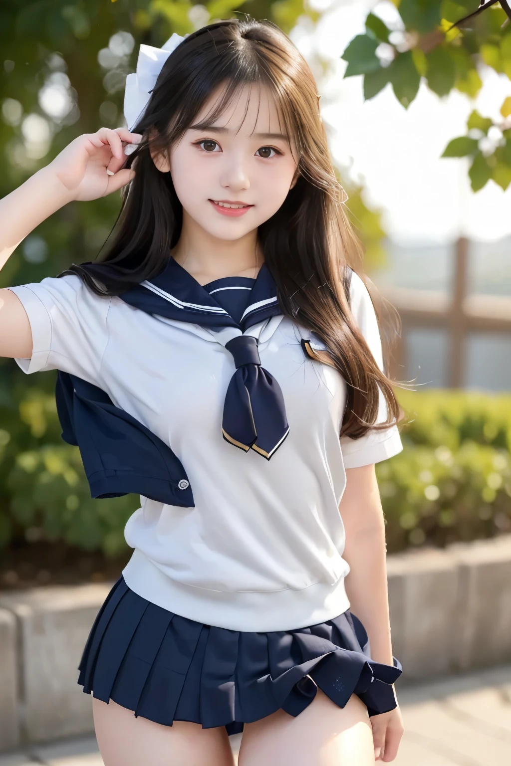 (((masterpiece))), (Beautiful Japanese Girl, Classmate, Innocence，cute) ，超A high resolution, Realistic, Ultra-detailed, 8k,highest quality, Very detailed,Slender figure,とてもBeautiful Japanese Girl, (Detailed face:1.3), (Beautiful Long Hair，Black-haired :1.4), (Baby Face，cute系,Adorable), (Perfect body:1.1),85mm,Official AR RAW Photos, Show me your ears，photo shoot, Looking at the audience, smile、No makeup, Rosy Cheeks，Film Grain, chromatic aberration, Sharp focus, Face Light, Bright lighting, ((((((14-year-old junior high school student))))))、Slender figure，(A proper sailor uniform、Navy Blue Skirt)、(((White panties，Beautiful thighs)))，show me your beautiful teeth,非常にDetailed face、Detailed lips、Detailed eyes、Junior Gravure Idol，Clear Skin，Japanese high  with school emblem on the chest，Crouching